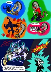 Size: 1000x1414 | Tagged: safe, artist:zetikoopa, derpibooru import, discord, storm king, zapp, draconequus, storm creature, my little pony: the movie, angry, caught, comic, electrocution, funny, golf, image, laughing, lightning, playing, png, power ponies, sports, uh oh