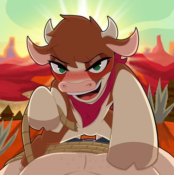 Size: 3700x3725 | Tagged: questionable, artist:weirdkoaladream, ponerpics import, ponybooru import, cow, human, them's fightin' herds, arizona (tfh), blushing, community related, cowgirl position, female, human on cow action, image, imminent sex, implied interspecies, male, offscreen character, png, pov, sex, straight, tied up