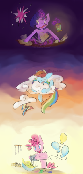 Size: 1500x3118 | Tagged: safe, artist:destiny_manticor, derpibooru import, pinkie pie, rainbow dash, twilight sparkle, earth pony, pegasus, pony, unicorn, book, candle, cloud, colors, cooking, cutie mark, dark background, doodle, dough, drool, eyes closed, female, image, lantern, looking at something, magic, mixer, on a cloud, open mouth, open smile, paper, pastel, png, rainbow, simple background, sky background, sleeping, sleeping on a cloud, sleepydash, smiling, solo, trio, trio female, yellow background