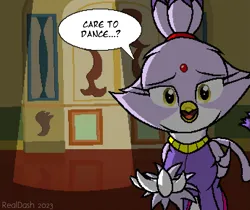 Size: 1035x870 | Tagged: safe, artist:realdash, derpibooru import, gryphon, ballroom, blaze the cat, catbird, clothes, crossover, cute, dancing, dialogue, female, gloves, griffonized, image, jewelry, looking at you, open mouth, pixel art, png, princess, regalia, smiling, solo, sonic the hedgehog (series), species swap, talking to viewer