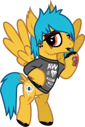 Size: 928x1374 | Tagged: safe, alternate version, artist:lightningbolt, derpibooru import, ponified, pegasus, pony, .svg available, alex gaskarth, all time low, cheek fluff, clothes, derpibooru exclusive, dyed mane, dyed tail, ear fluff, eyeliner, eyeshadow, flying, hair over one eye, hoof fluff, hoof on hip, hoof polish, image, lidded eyes, lipstick, looking at you, makeup, male, mascara, png, raised hoof, shirt, show accurate, simple background, solo, spread wings, stallion, t-shirt, tail, tail feathers, tattoo, transparent background, vector, wing fluff, wings