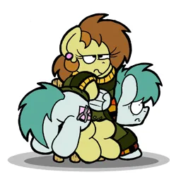 Size: 1300x1304 | Tagged: safe, artist:bobthedalek, derpibooru import, oc, oc:bubble pump, oc:clippy ticket, unofficial characters only, earth pony, pegasus, pony, chair, clothes, duo, embarrassed, female, image, jacket, male, mare, pinpoint eyes, png, stallion, sweater, unamused, varying degrees of amusement