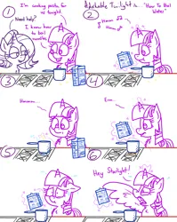 Size: 4779x6013 | Tagged: safe, artist:adorkabletwilightandfriends, derpibooru import, starlight glimmer, twilight sparkle, twilight sparkle (alicorn), alicorn, comic:adorkable twilight and friends, adorkable, adorkable twilight, box, comic, confident, cooking, cute, dork, food, friendship, funny, humor, image, instructions, kitchen, magic, nervous, noodles, pasta, png, pot, reading, realization, slice of life, stove, wings