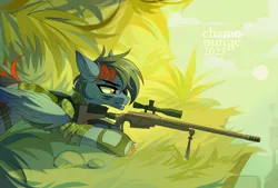 Size: 4000x2710 | Tagged: safe, artist:chamommile, derpibooru import, oc, oc:dawn chaser, unofficial characters only, original species, pegasus, pony, fallout equestria, ammunition, armor, blue eyes, blue mane, blue skin, body armor, brown eyes, clothes, commission, fallout, full body, gun, image, jacket, looking at each other, looking at someone, male, pegasus oc, png, rifle, smiling, sniper, sniper rifle, solo, tail, two toned mane, two toned tail, uniform, weapon, wings, ych result