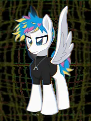 Size: 768x1024 | Tagged: safe, artist:inkp0ne, derpibooru import, ponified, pegasus, pony, awsten knight, clothes, commission, dyed mane, dyed tail, heterochromia, horseshoes, image, jewelry, male, necklace, png, shirt, smiling, solo, spread wings, stallion, standing, t-shirt, tail, waterparks, wings