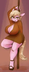 Size: 752x1826 | Tagged: suggestive, artist:whydomenhavenipples, ponerpics import, ponybooru import, oc, oc:reppy, unofficial characters only, anthro, earth pony, unguligrade anthro, big breasts, blushing, breasts, cleavage, clothes, dress, ear piercing, earring, ears, eyeshadow, female, floppy ears, high heels, huge breasts, image, jewelry, jpeg, leaning, leaning back, lidded eyes, lipstick, looking at you, makeup, piercing, pole, raised leg, shoes, smiling, solo, solo female, wide hips