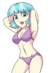 Size: 1884x2775 | Tagged: suggestive, artist:sumin6301, derpibooru import, coco pommel, human, equestria girls, arm behind head, armpits, belly button, bra, breasts, busty coco pommel, clothes, equestria girls-ified, female, image, jpeg, legs, looking at you, midriff, open mouth, panties, simple background, solo, solo female, thighs, underwear, white background