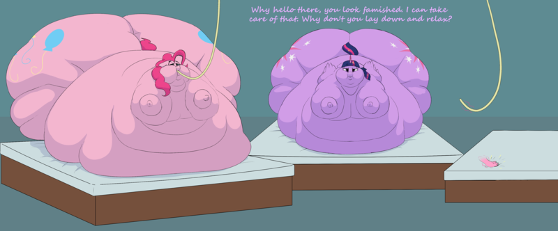 Size: 4000x1662 | Tagged: questionable, artist:lupin quill, derpibooru import, pinkie pie, twilight sparkle, twilight sparkle (alicorn), alicorn, earth pony, pony, bed, bedbound, bedroom eyes, belly, big belly, bingo wings, blob, both cutie marks, butt, chubby cheeks, dialogue, fat, fat fetish, feedee, feeder, feeding tube, fetish, flabby chest, frog (hoof), hand, huge belly, huge butt, image, immobile, impossibly large belly, impossibly large butt, impossibly obese, large butt, looking at you, magic, magic hands, mattress, morbidly obese, multichin, obese, offscreen character, png, pudgy pie, rolls of fat, simple background, stretched cutie mark, talking to viewer, telekinesis, twilard sparkle, underhoof