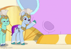 Size: 292x202 | Tagged: safe, derpibooru import, screencap, pegasus, pony, g5, my little pony: tell your tale, spoiler:g5, spoiler:my little pony: tell your tale, spoiler:tyts01e59, animated, armor, female, gif, guardsmare, helmet, image, male, mare, mistakes were made, moon, pegasus royal guard, royal guard, stallion, thunder flap, zoom zephyrwing