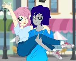 Size: 1000x805 | Tagged: safe, artist:jennieoo, derpibooru import, oc, oc:gentle star, oc:maverick, equestria girls, bff, clothes, happy, holding, image, jewelry, looking at you, necklace, png, shoes, short hair, show accurate, smiling, smiling at you, sneakers, vector