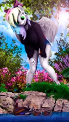 Size: 2160x3840 | Tagged: safe, artist:shadowuwu, derpibooru import, oc, oc:blazey sketch, unofficial characters only, anthro, bird, duck, pegasus, 3d, clothes, commission, excited, green eyes, grey fur, hoodie, image, multicolored hair, pegasus oc, pink nail polish, png, shorts, wings, ych result