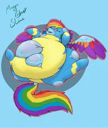 Size: 2800x3300 | Tagged: suggestive, artist:magicghostslime, derpibooru import, rainbow dash, pegasus, pony, belly blush, belly button, blue background, clothes, colored wings, dock, fat, fat fetish, female, fetish, g4, image, jpeg, lying down, mare, morbidly obese, multicolored wings, obese, on back, open mouth, rainblob dash, simple background, solo, solo female, spread wings, sweat, tail, torn clothes, uniform, wings, wonderbolts uniform