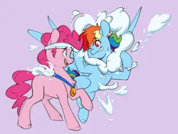 Size: 1280x965 | Tagged: safe, artist:chub-wub, derpibooru import, pinkie pie, rainbow dash, earth pony, pegasus, pony, alternate hairstyle, cloud, duo, female, flying, grin, headband, heart, image, jpeg, lesbian, mare, medal, missing cutie mark, one eye closed, open mouth, personality swap, pinkiedash, purple background, raised hoof, role reversal, shipping, simple background, smiling, wink