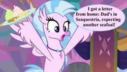 Size: 1280x720 | Tagged: safe, derpibooru import, edit, edited screencap, screencap, silverstream, she's all yak, chips, cupcake, cute, diastreamies, excited, food, furry reminder, image, implied male pregnancy, implied oc, implied sky beak, jewelry, necklace, png, potato chips, school of friendship, seahorse reproduction, speech, speech bubble, talking