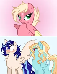 Size: 598x776 | Tagged: safe, artist:elementbases, artist:wonnie-honey-bee, derpibooru import, oc, oc:cygnus, oc:high tide, oc:peach jam, unofficial characters only, pegasus, pony, base used, bedroom eyes, blushing, female, flustered, image, magical threesome spawn, male, mare, multiple parents, offspring, parent:big macintosh, parent:flash sentry, parent:fluttershy, parent:princess luna, parent:rainbow dash, parent:twilight sparkle, parent:zephyr breeze, parents:fluttermac, parents:twilunasentry, parents:zephdash, png, spread wings, stallion, sweat, trio, wavy mouth, wingboner, wings