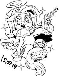 Size: 890x1142 | Tagged: safe, artist:nekubi, derpibooru import, oc, oc:angel-chan, unofficial characters only, pegasus, pony, black and white, floppy ears, grayscale, gun, handgun, hoof hold, image, looking at you, monochrome, neck fluff, open mouth, open smile, png, revolver, sitting, smiling, solo, spread wings, underhoof, unshorn fetlocks, weapon, wings