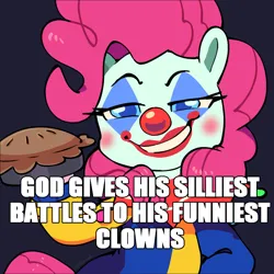 Size: 1124x1124 | Tagged: safe, artist:talimingi, derpibooru import, pinkie pie, earth pony, pony, clown, clown makeup, clown nose, female, food, grin, hoof hold, image, jpeg, looking at you, mare, narrowed eyes, pie, red nose, simple background, smiling, smiling at you, solo, text