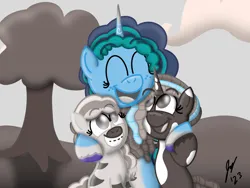 Size: 2160x1620 | Tagged: safe, artist:jesslmc16, derpibooru import, idw, violette rainbow, pony, unicorn, zebra, g5, spoiler:comic, black and white, blue coat, braces, colored, comic, digital art, female, filly, foal, freckles, grayscale, hug, image, looking at each other, looking at someone, mare, misty brightdawn, monochrome, png, procreate app, signature, simple background, skye, smiling, smiling at each other, threads, tree, trio, trio female, vitiligo
