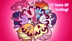 Size: 1920x1080 | Tagged: safe, anonymous artist, derpibooru import, applejack, fluttershy, pinkie pie, rainbow dash, rarity, twilight sparkle, earth pony, pegasus, pony, unicorn, smile hd, abstract background, anniversary, anniversary art, applejack's hat, blushing, cheek fluff, colored lineart, cowboy hat, eyes closed, eyeshadow, fanart, female, freckles, grin, hair tie, happy, hat, heart, image, makeup, mane six, mare, open mouth, open smile, pink, pink background, png, redraw, simple background, smiling, text, title card, unicorn twilight