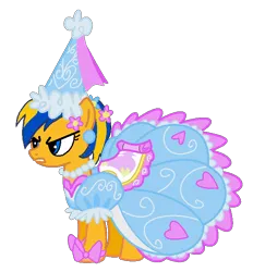 Size: 620x668 | Tagged: safe, artist:mlpfan3991, derpibooru import, oc, oc:flare spark, unofficial characters only, pegasus, pony, look before you sleep, clothes, dress, female, froufrou glittery lacy outfit, hat, image, outfit, png, princess applejack, solo, unamused