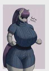 Size: 2867x4096 | Tagged: suggestive, artist:pancarta, derpibooru import, maud pie, anthro, earth pony, pony, arm hooves, big breasts, breasts, busty maud pie, dialogue, female, huge breasts, image, jpeg, looking down, mare, passepartout, solo, solo female, sweater dress, thighs, thunder thighs, wide hips
