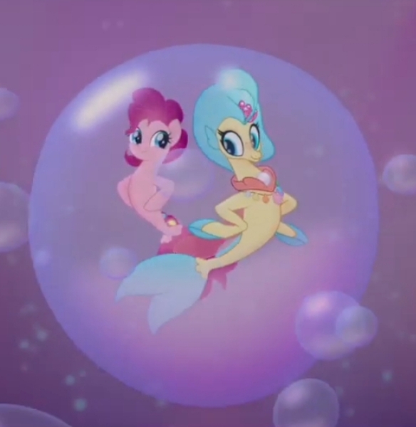 Size: 644x662 | Tagged: safe, derpibooru import, pinkie pie, princess skystar, seapony (g4), my little pony: the movie, aquastria, bubble, cute, diapinkes, image, in bubble, jpeg, pink background, seaponified, seapony pinkie pie, simple background, species swap, underwater, water