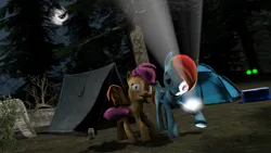 Size: 3840x2160 | Tagged: safe, artist:drixale, derpibooru import, rainbow dash, scootaloo, pegasus, pony, camping, female, flashlight (object), forest, g4, image, mare, moon, night, png, tent, tree