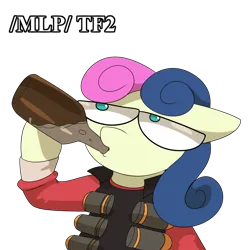 Size: 2000x2000 | Tagged: safe, artist:rusfag, derpibooru import, bon bon, sweetie drops, earth pony, /mlp/ tf2 general, alcohol, bottle, confound these ponies, demoman, drink, drinking, image, png, scrumpy, simple background, solo, team fortress 2, text, transparent background