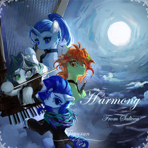 Size: 1050x1050 | Tagged: safe, artist:tingsan, derpibooru import, oc, oc:audrey, oc:levi, oc:ray frok, oc:stella, pony, clothes, cover, cover art, image, moon, musical instrument, piano, png, violin