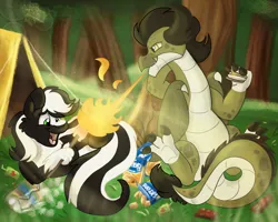 Size: 2500x2000 | Tagged: safe, artist:euspuche, derpibooru import, oc, oc:kindling the dragon, oc:zenawa skunkpony, unofficial characters only, dragon, earth pony, hybrid, pony, skunk, skunk pony, camping, claws, cooking, dragon oc, earth pony oc, eating, fire, fire breath, food, forest, gay, hybrid oc, image, interspecies, lidded eyes, lying down, male, males only, marshmallow, non-pony oc, open mouth, outdoors, paws, png, prone, roasting, s'mores, sitting, stallion, tail, tent, tree, underfoot