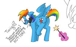 Size: 1293x801 | Tagged: suggestive, artist:s410, derpibooru import, rainbow dash, twilight sparkle, pegasus, pony, unicorn, branding, branding iron, collar, dithering, english, image, magic, partially open wings, png, simple background, telekinesis, text, white background, wings