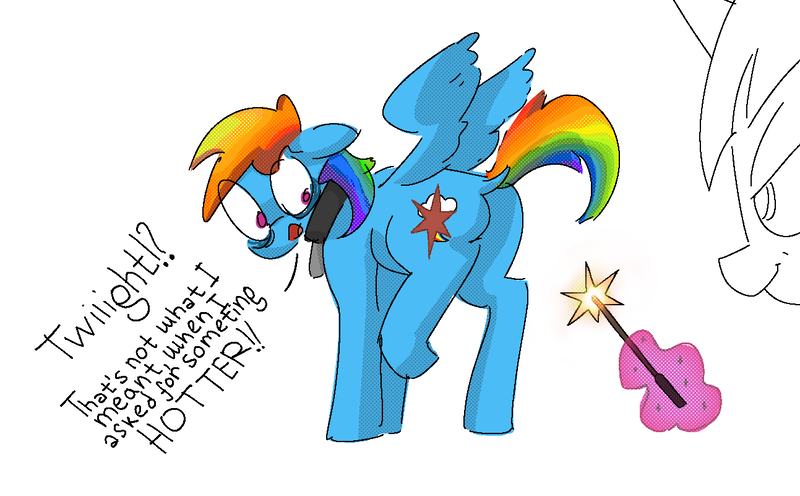 Size: 1293x801 | Tagged: suggestive, artist:s410, derpibooru import, rainbow dash, twilight sparkle, pegasus, pony, unicorn, branding, branding iron, collar, dithering, english, image, magic, partially open wings, png, simple background, telekinesis, text, white background, wings