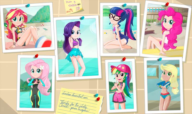 Size: 2990x1784 | Tagged: safe, artist:charliexe-edits, color edit, derpibooru import, edit, human, equestria girls, bikini, clothes, colored, devil horn (gesture), female, heart hands, human coloration, image, one-piece swimsuit, photo, png, skin color edit, swimming trunks, swimsuit, undressing, wetsuit