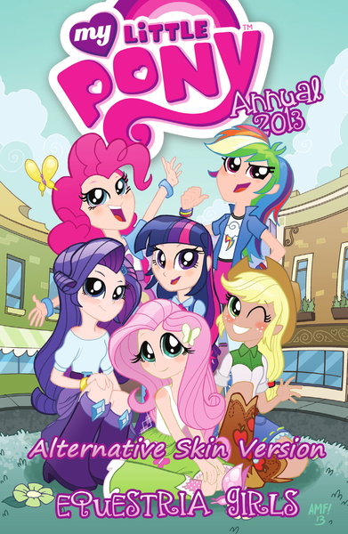 Size: 1660x2550 | Tagged: safe, alternate version, color edit, derpibooru import, edit, idw, applejack, fluttershy, pinkie pie, rainbow dash, rarity, sci-twi, twilight sparkle, human, equestria girls, spoiler:comicannual2013, colored, comic cover, female, human coloration, humane five, humane six, image, looking at you, png, skin color edit, smiling, smiling at you