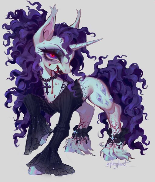 Size: 1744x2048 | Tagged: semi-grimdark, artist:p0nyplanet, derpibooru import, rarity, pony, undead, unicorn, vampire, vampony, blood, cross, cross necklace, fangs, female, gray background, image, jewelry, jpeg, mare, necklace, red eyes, signature, simple background, slit pupils, solo, unshorn fetlocks