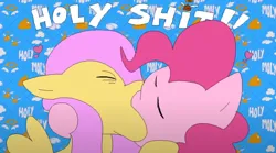 Size: 1280x714 | Tagged: safe, artist:gravity1037, derpibooru import, fluttershy, pinkie pie, earth pony, pegasus, female, flutterpie, funny, funny as hell, holy shit, image, kissing, lesbian, making out, meme, pizza tower, png, shipping, wat