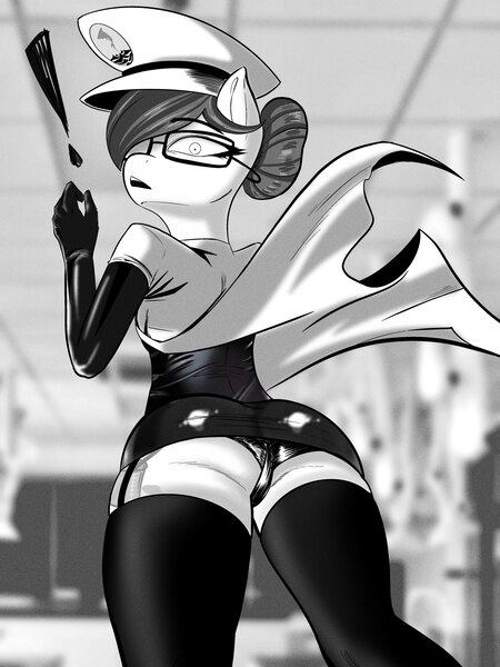 Size: 3600x4800 | Tagged: artist needed, suggestive, derpibooru import, oc, oc:dr.kramer, anthro, clothes, glasses, hat, image, jpeg, lab coat, laboratory, latex, monochrome, skirt, socks, surprised, thigh highs, upskirt