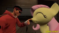 Size: 1920x1080 | Tagged: safe, artist:lance-pizon, derpibooru import, fluttershy, human, pegasus, 3d, boop, duo, duo male and female, female, gmod, happy, image, male, png, scout, team fortress 2, watermark