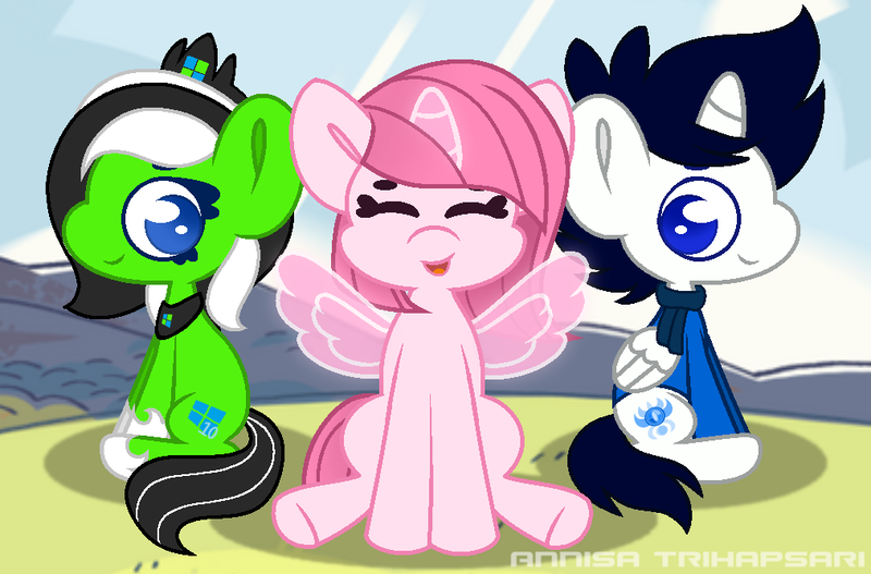 Size: 1013x667 | Tagged: safe, artist:einfacheve, artist:siti shafiyyah, artist:tanahgrogot, ponerpics import, ponybooru import, oc, oc:annisa trihapsari, oc:light starole, oc:teahie, unofficial characters only, alicorn, earth pony, pony, unicorn, series:the galaxy crystal gems squad, series:the guardian of leadership, base used, chibi, clothes, eyes closed, female, image, looking at you, magic, male, open mouth, open smile, png, smiling, smiling at you, stallion, trio