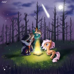 Size: 2048x2048 | Tagged: safe, artist:ha0s67, derpibooru import, oc, oc:13 nightmares, oc:queen alnilam, oc:regie falcon, alicorn, pegasus, pony, image, jpeg, moon, stars