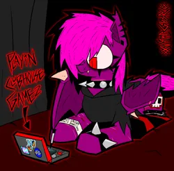 Size: 1630x1604 | Tagged: safe, artist:xxv4mp_g4z3rxx, derpibooru import, oc, oc:violet valium, bat pony, pony, 3ds, bags under eyes, bat pony oc, bat wings, bed, bracelet, clothes, clubhouse games, collar, eyeshadow, hoodie, hospital band, image, lying down, makeup, piercing, png, ponyloaf, prone, red eyes, socks, solo, spiked collar, spiked wristband, striped socks, tail, two toned mane, two toned tail, wings, wristband