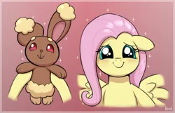 Size: 2372x1532 | Tagged: safe, artist:heretichesh, derpibooru import, fluttershy, buneary, pegasus, pony, blushing, cute, daaaaaaaaaaaw, duo, floppy ears, holding a pokémon, image, jpeg, looking at each other, looking at someone, pokémon, shyabetes, signature, smiling, smiling at each other, sparkles