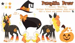 Size: 1481x847 | Tagged: safe, artist:wanderingpegasus, derpibooru import, oc, oc:pumpkin brew, unofficial characters only, pony, unicorn, bow, cloak, clothes, cloven hooves, colored ears, colored hooves, curved horn, cutie mark, female, freckles, gradient hooves, halloween, hat, hoof fluff, horn, image, jpeg, leonine tail, mare, multicolored mane, outfit, pumpkin, reference sheet, snip (coat marking), solo, unicorn oc, witch hat