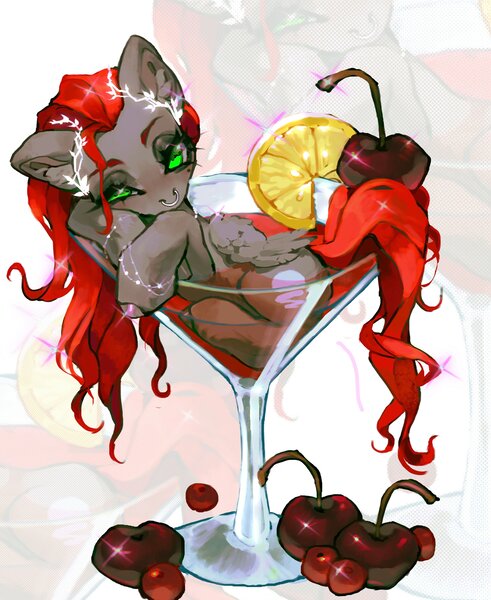 Size: 3354x4096 | Tagged: safe, artist:p0nyplanet, derpibooru import, oc, oc:void, unofficial characters only, pegasus, pony, blushing, cherry, cup, cup of pony, female, food, image, jpeg, laurel, lemon, mare, martini glass, micro, nose piercing, nose ring, piercing, solo, zoom layer