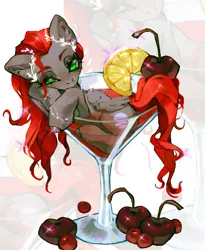 Size: 3354x4096 | Tagged: safe, artist:p0nyplanet, derpibooru import, oc, oc:void, unofficial characters only, pegasus, pony, blushing, cherry, cup, cup of pony, female, food, image, jpeg, laurel, lemon, mare, martini glass, micro, nose piercing, nose ring, piercing, solo, zoom layer