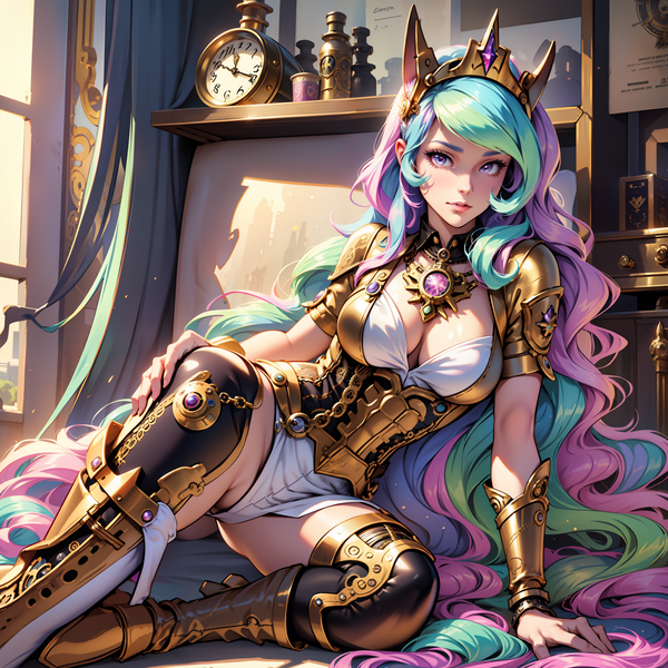 Size: 2048x2048 | Tagged: suggestive, derpibooru import, machine learning generated, princess celestia, human, ai content, boots, breasts, clothes, diadem, female, generator:seaart.ai, gold, hair, humanized, image, jewelry, necklace, png, prompter:neondash, regalia, shoes, solo, steampunk, thigh boots