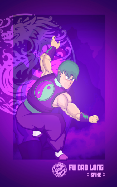 Size: 1600x2560 | Tagged: safe, artist:spike-love, derpibooru import, spike, anthro, dragon, adult, adult spike, angry, biceps, card, character:fu-dao-long, chinese dragon, dragon ball z, full body, green eyes, green hair, hero, image, kung fu, male, martial arts, mountain, muscles, older, older spike, png, powerful, purple background, ready to fight, serious, serious face, simple background, standing, yin-yang