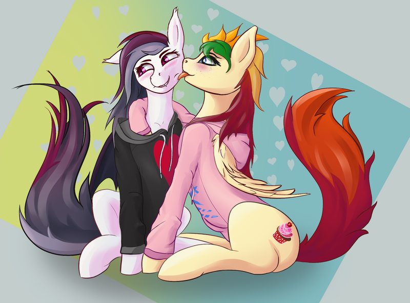 Size: 2000x1480 | Tagged: safe, artist:arisu-kun, derpibooru import, oc, unofficial characters only, bat pony, pegasus, pony, clothes, digital art, hoodie, image, licking, male, no homo, png, tongue out