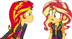 Size: 1769x963 | Tagged: safe, artist:evilasio, derpibooru import, sunset shimmer, equestria girls, back in time, bad future, confrontation, conversation, criticism, cross-popping veins, emanata, evil sunset shimmer, image, paradox, png, present, punkset shimmer, speech, talking, the reason you suck speech, time travel