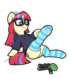 Size: 900x1000 | Tagged: safe, artist:kumakum, derpibooru import, moondancer, oc, oc:anon, unicorn, clothes, cute, dancerbetes, digital art, doll, glasses, hoodie, image, png, simple background, socks, striped socks, toy, transparent background